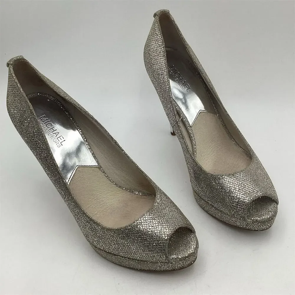 Michael Kors Silver Glitter Peep Toe Platform Heels Size 10‎ Women's